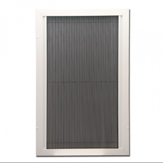 VASTE HORDEUR PLISSE Aluminium Frame voorzien van zwart geplisseerd gaas, dat middels een treklijst van links naar rechts òf van rechts naar links kan worden bediend. De deur kan in elke gewenste stand stil blijven staan. Een decoratieve oplossing vo
